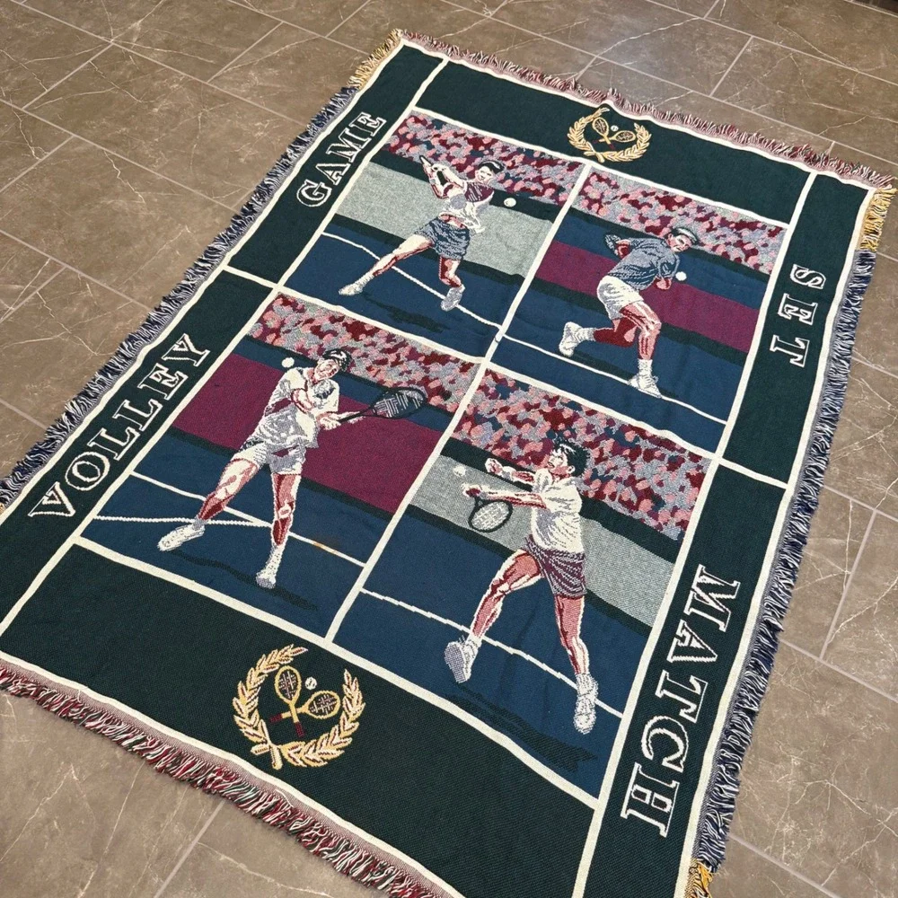 Goodwin Weavers Tennis Throw Blanket Green Game Set Volley Match Woven Cotton OS